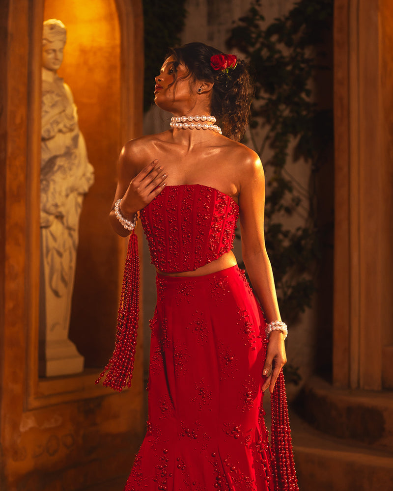 ISHQe campaign: red strapless corset top and beaded skirt with a red drape over one arm