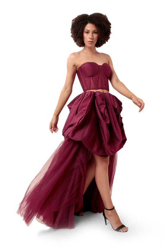 Modo Caldo dark purple silk net sheer corset with bubble skirt