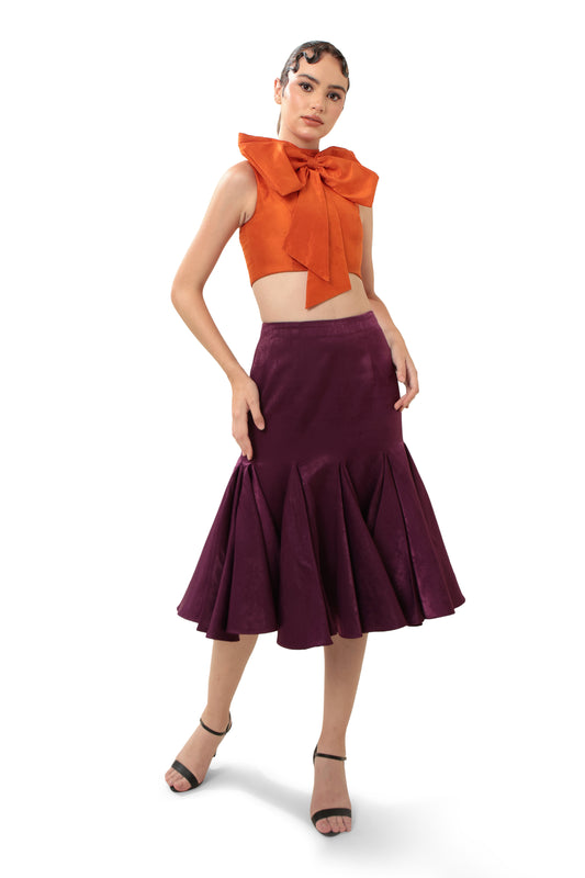 Modo Caldo sleeveless orange big bow crop top in silk with zero neck for casual wear and occasion wear