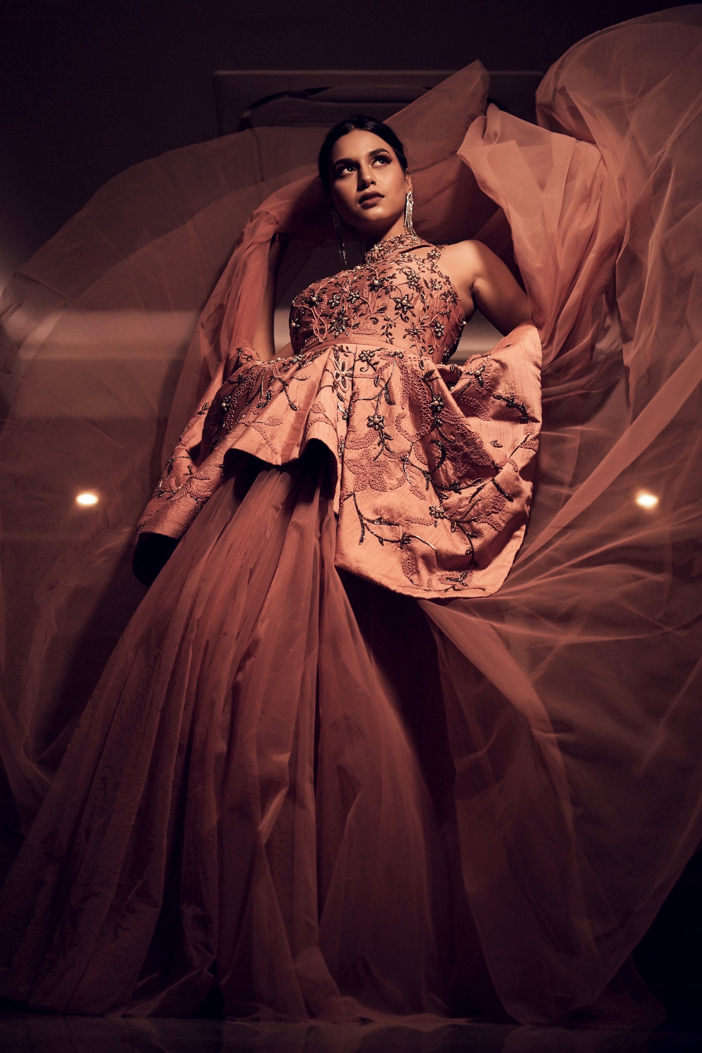 Ekta Singh in Modo Caldo pink peplum top and flowing tulle skirt with floral dori embroidery for Miss International Supermodel