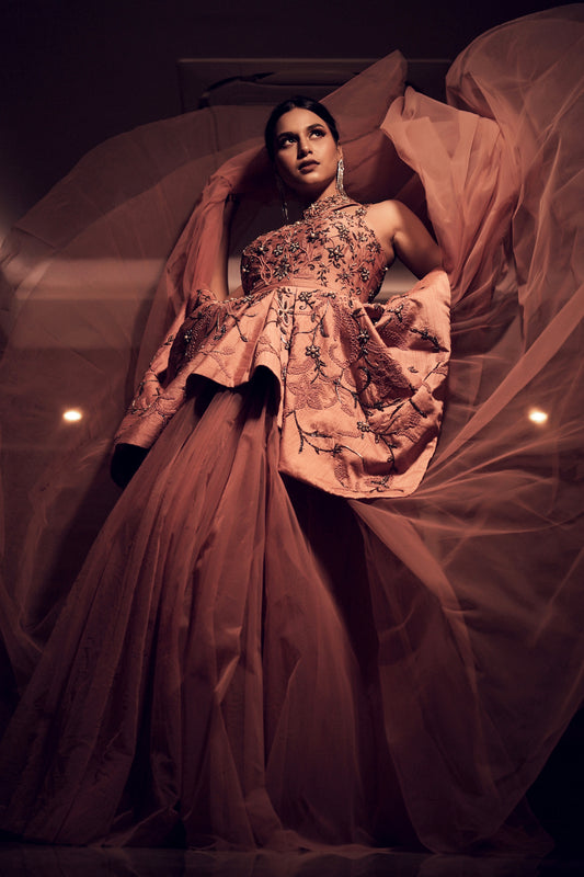 Ekta Singh in Modo Caldo pink peplum top and flowing tulle skirt with floral dori embroidery for Miss International Supermodel