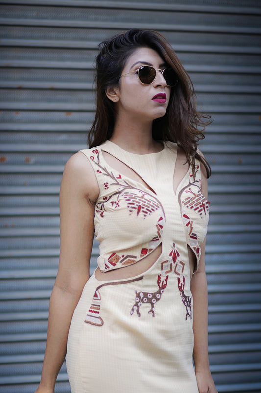 Malvika Gupta in Modo Caldo sleeveless beige midi calf length bodycon dress with cut outs quirky metallic thread embroidery for casual and party wear
