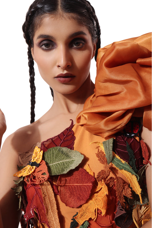 Modo Caldo Orange Organza Bubble Dress with Tulle Trail