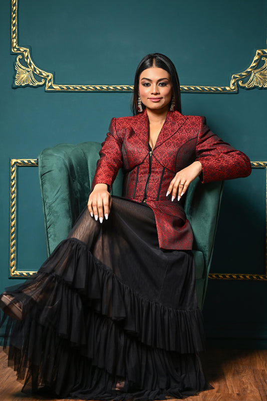 Monalisa Hazarika in Modo Caldo red hourglass blazer with black sheer mermaid skirt, styled for Mrs. World International.