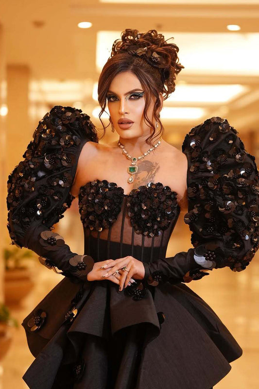 Rani Kohenur in custom Modo Caldo black corset with zardosi floral applique and asymmetric peplum skirt for formal occasions