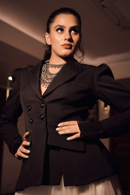 Arushi Handa in Modo Caldo black backless blazer with big white tulle flared skirt for all occasions