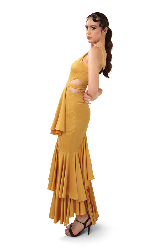 Modo Caldo yellow bodycon evening dress with sweetheart neckline and ruffles