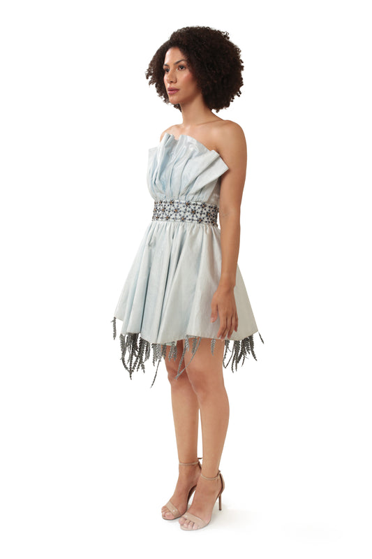 Modo Caldo powder blue off-shoulder mini dress with flared fit embroidered details sculpted belt and leaf accents for day or evening wear