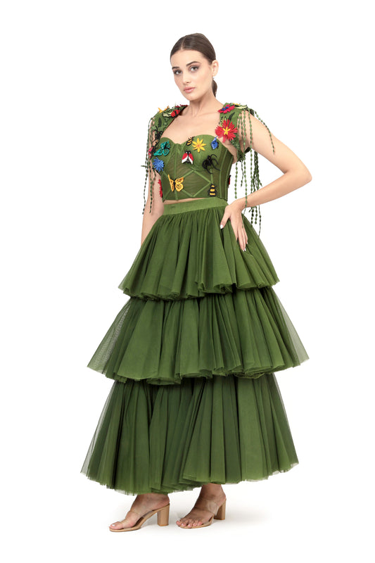 Modo Caldo Green Silk Embroidered corset top with tiered long tulle skirt and cape