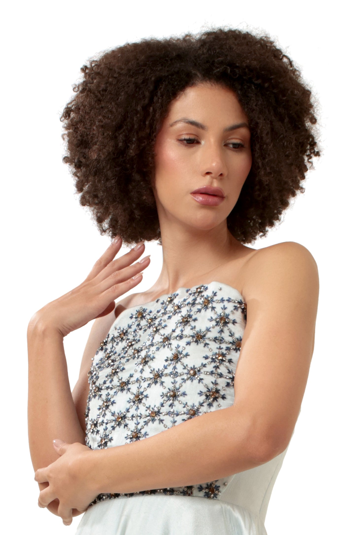 Modo Caldo powder blue off-shoulder gown with stonework embroidery fit and flare silhouette for evening and occasion wear