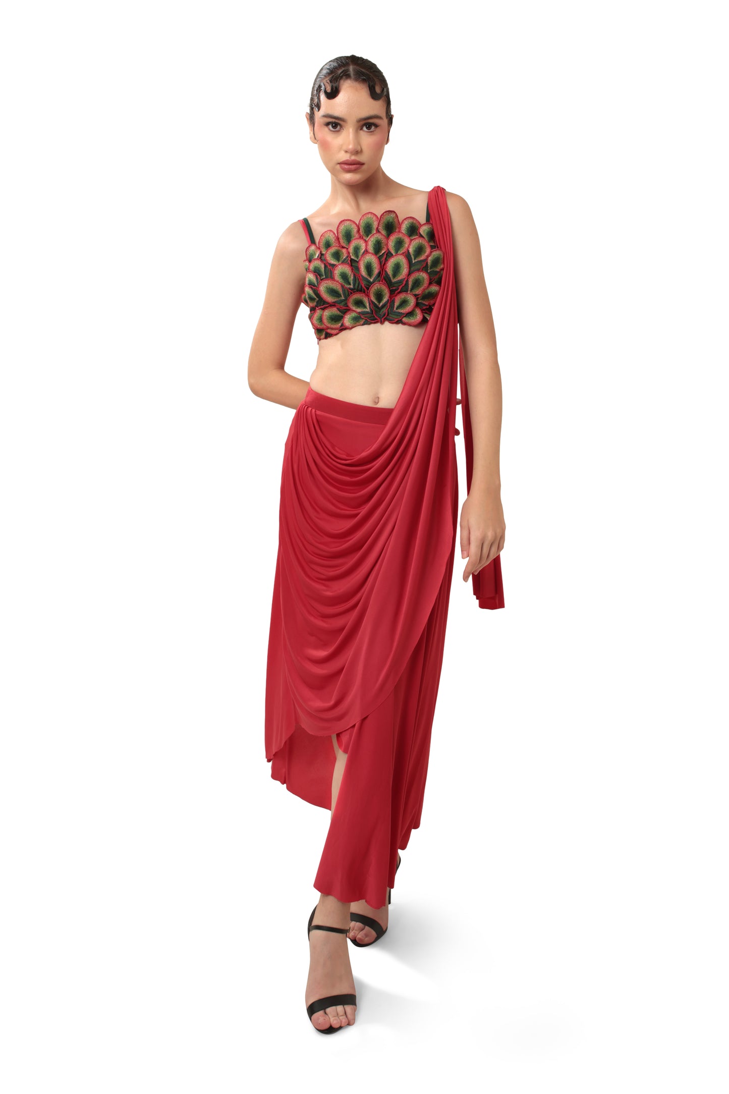 Modo Caldo Red blouse with 3D peacock feathers with a matching pre drape saree for pageant and festive occasions