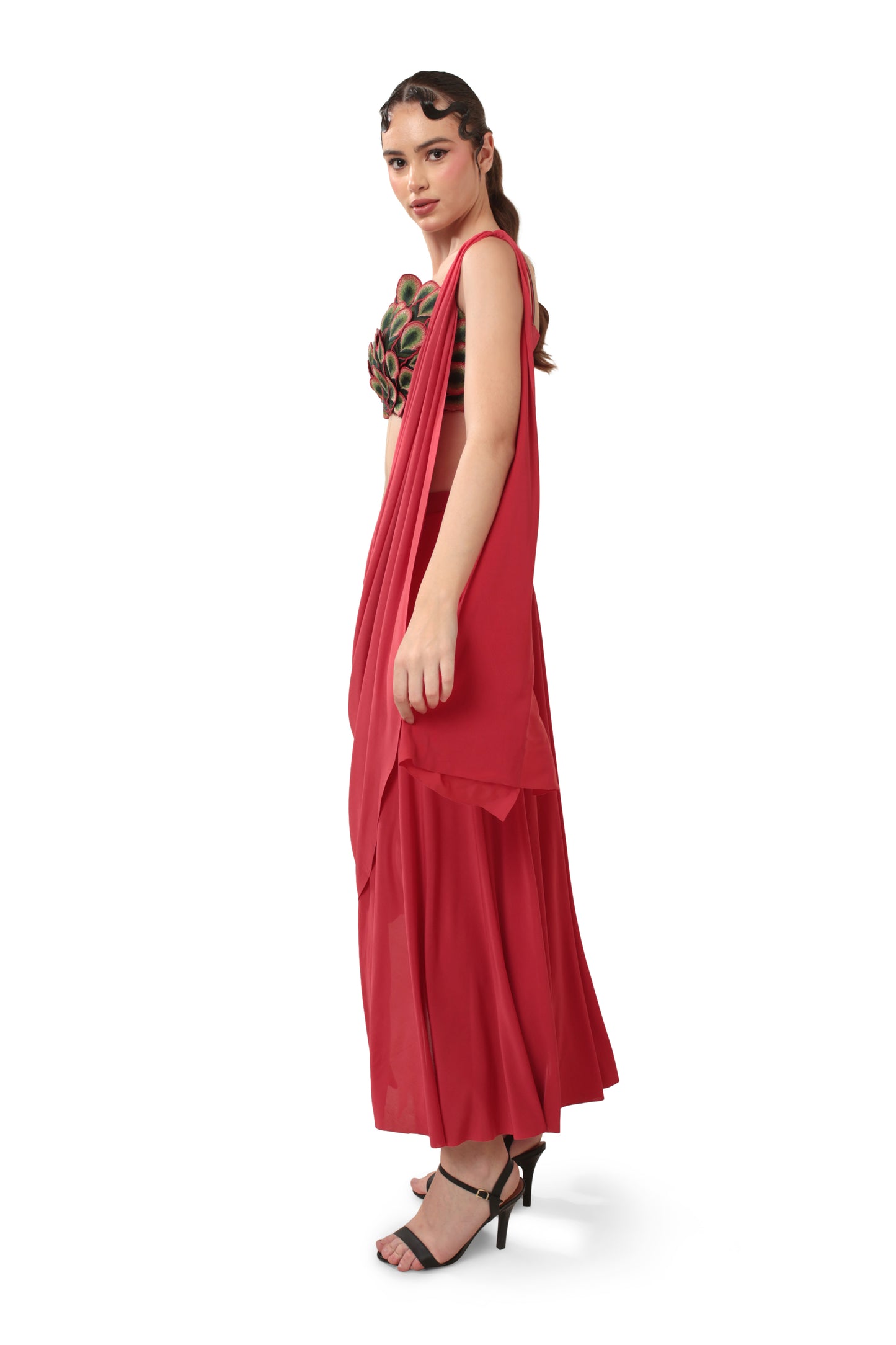Modo Caldo Red blouse with 3D peacock feathers with a matching pre drape saree for pageant and festive occasions