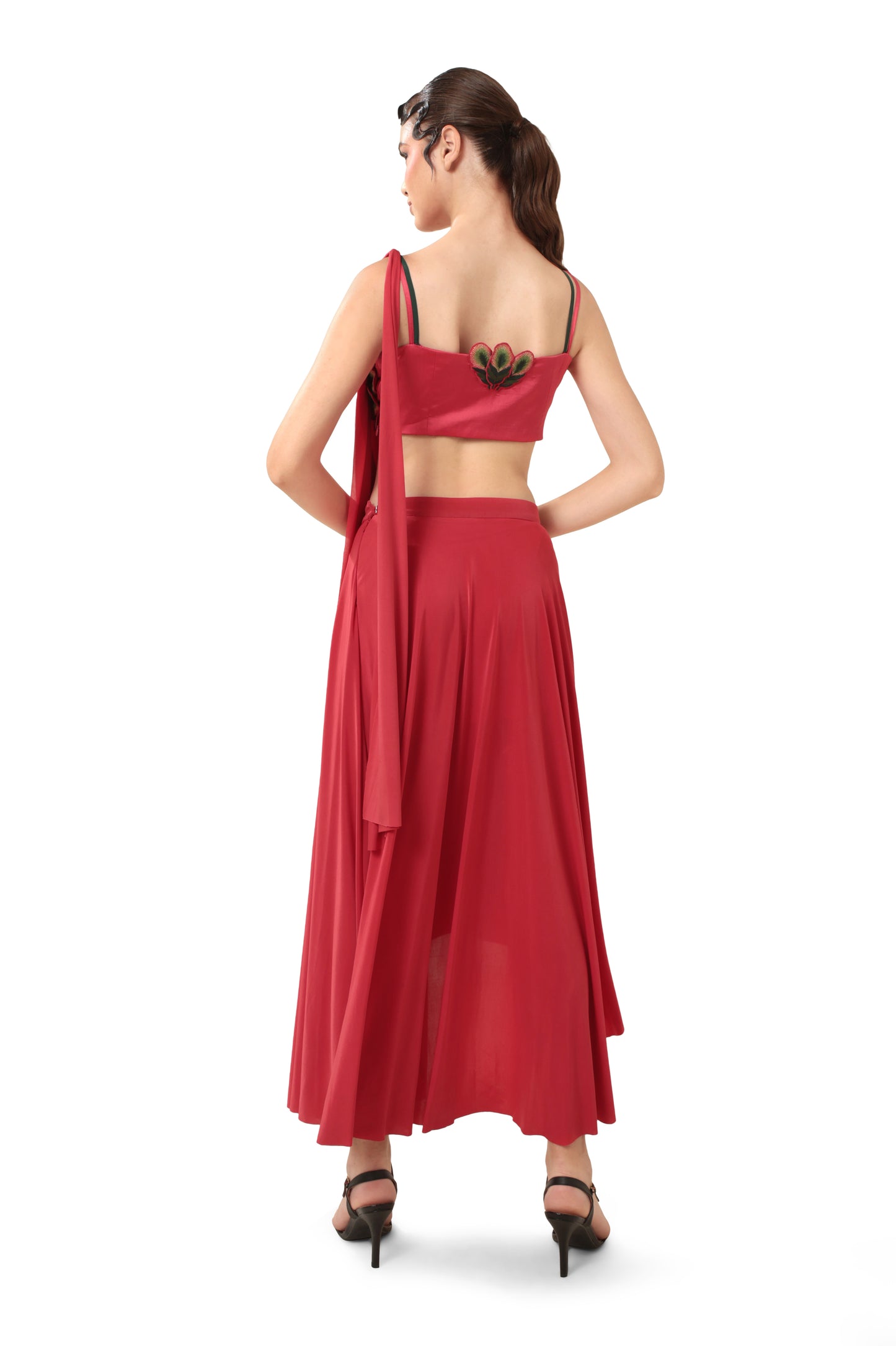 Modo Caldo Red blouse with 3D peacock feathers with a matching pre drape saree for pageant and festive occasions