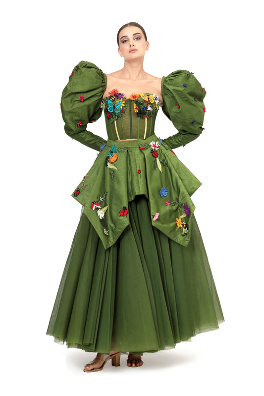 Modo Caldo Green Silk embroidered lehenga with corset top