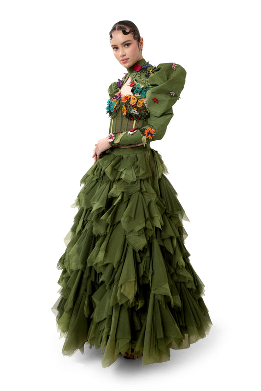 Modo Caldo Green embroidered lehenga with corset top paired with big tulle skirt