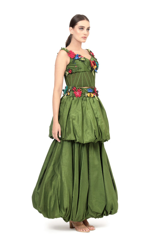 Modo Caldo Green Silk Embroidered corset top with green balloon skirt
