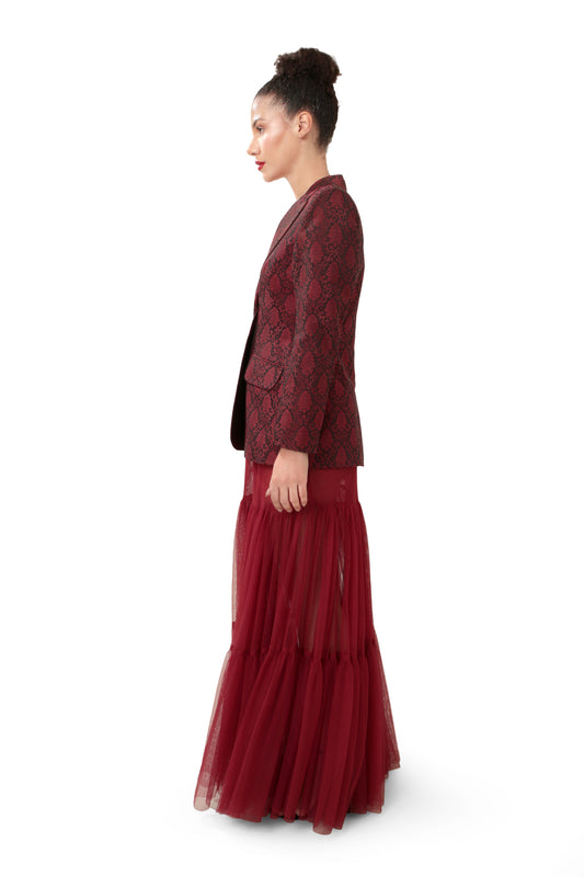 Modo Caldo red A-line sheer long net skirt for festive or evening or occasion wear