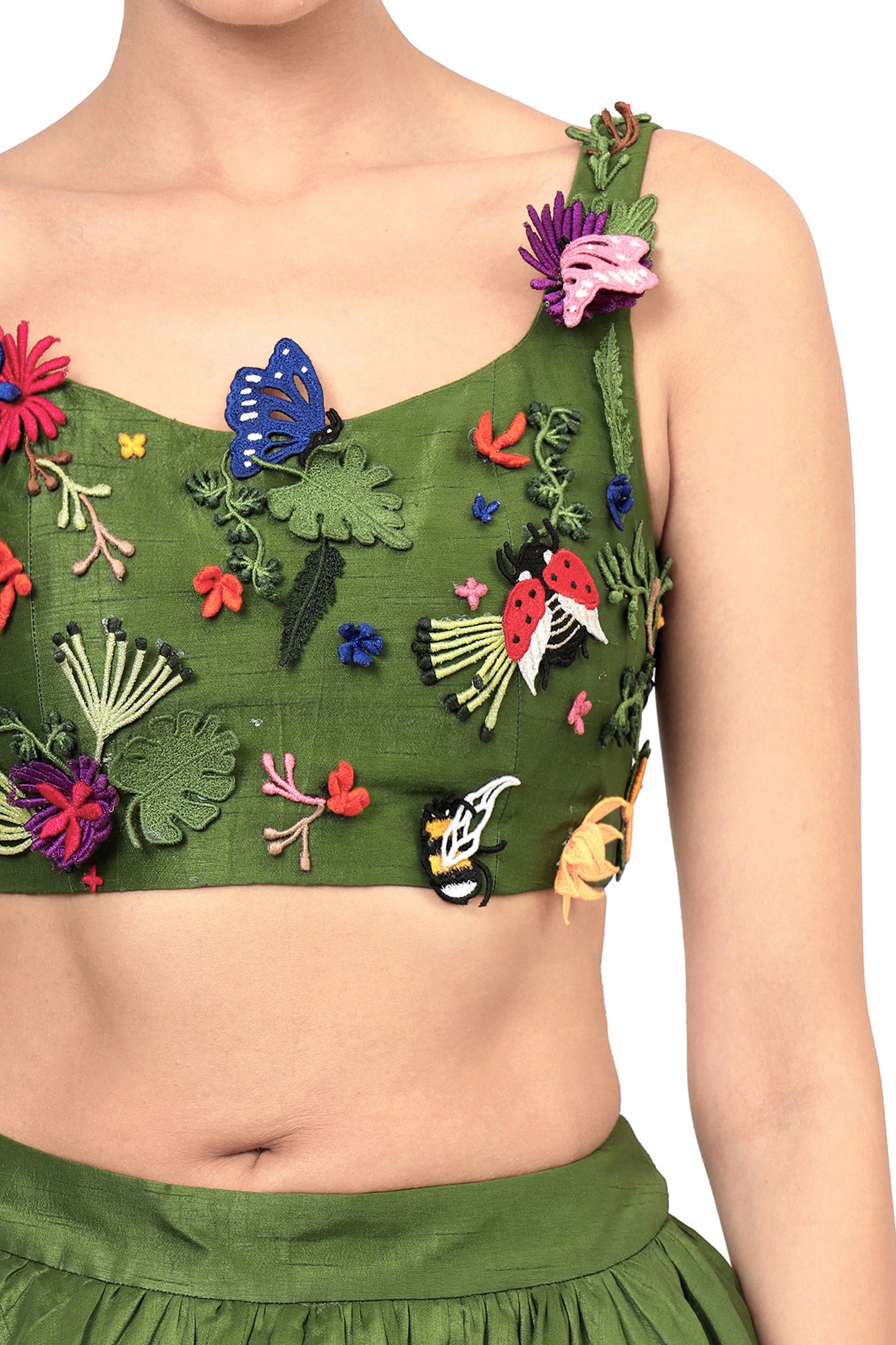 Modo Caldo Green Silk Embroidered corset top with high low silk skirt and tulle trail