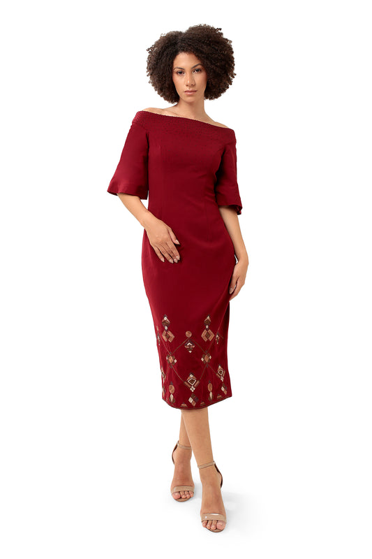 Modo Caldo deep red off shoulder bodycon dress with zari hand embroidery bell sleeves boat neck for evening wear and occassion wear