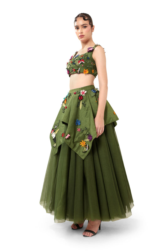 Modo Caldo Green Silk Embroidered corset top with peplum skirt and long tulle skirt