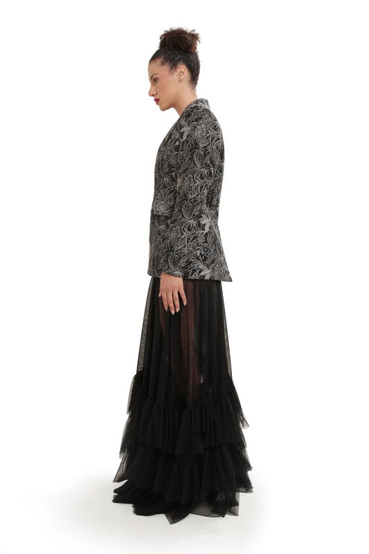 Modo Caldo Sustainable Silk Grey Black Blazer with long net tulle black skirt
