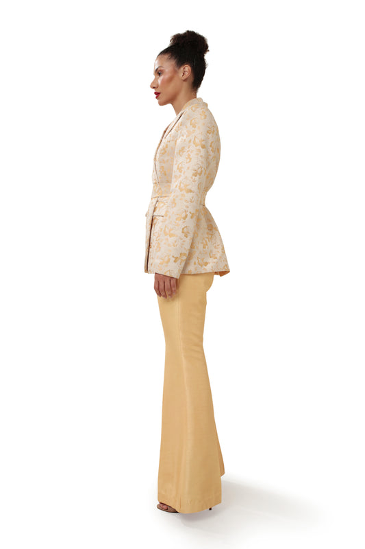 Modo Caldo Sustainable embroidered Silk Yellow Gold Blazer with silk yellow flared pants