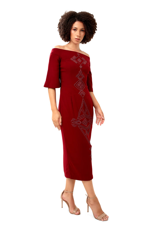Modo Caldo deep red off shoulder bodycon dress with hand embroidered geometric embellishments bell sleeves and boat neckline for evening wear and occasion wear
