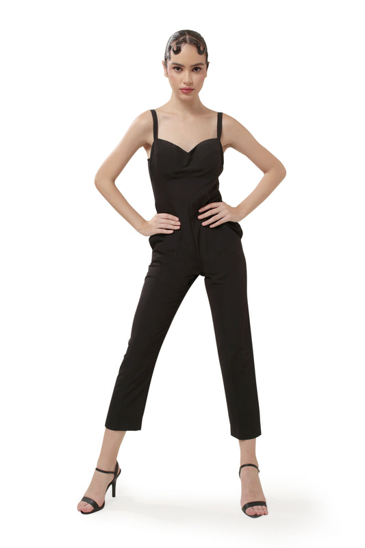 Modo Caldo black jumpsuit in georgette with sweetheart neck interesting back for evening wear