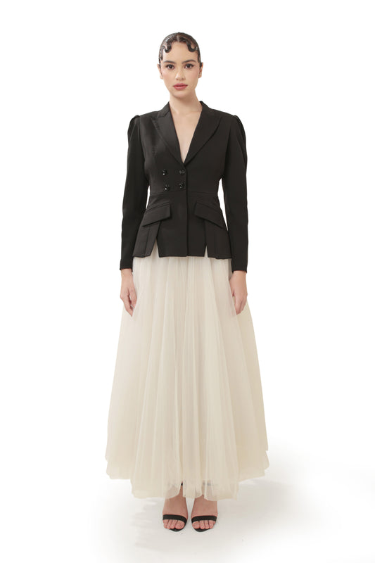 Modo Caldo black backless blazer with flared white net skirt for occasion wear