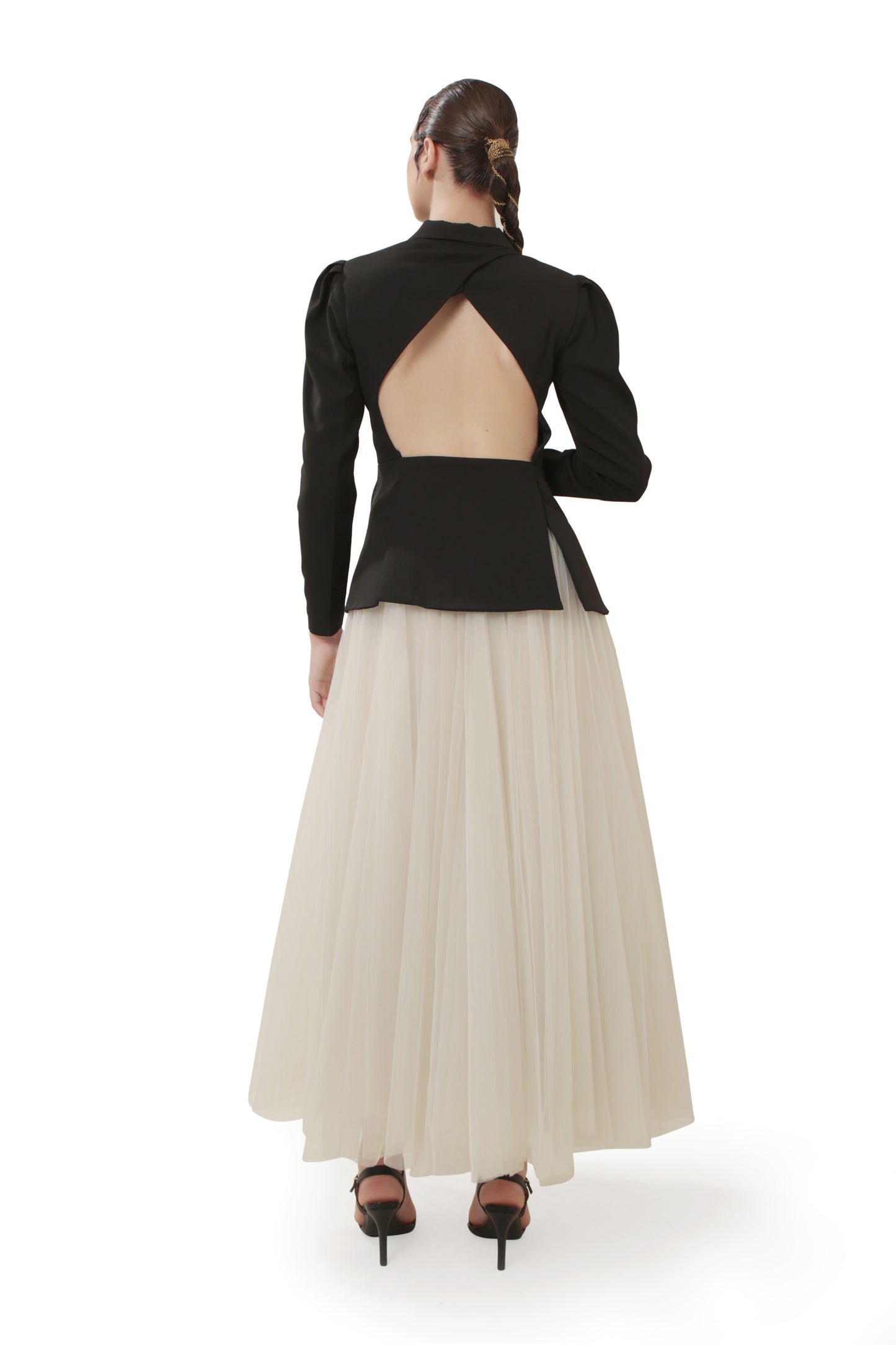 Modo Caldo black backless blazer with flared white net skirt for occasion wear