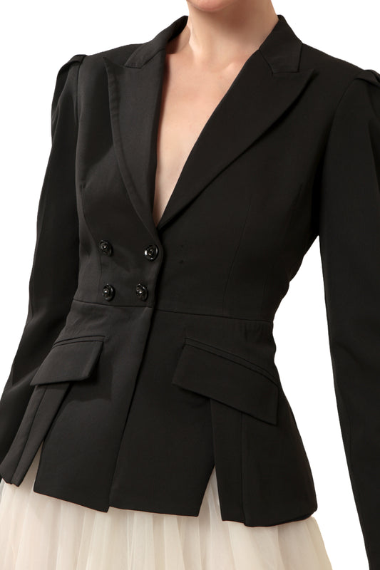 Modo Caldo black backless hourglass peplum blazer for occasion wear