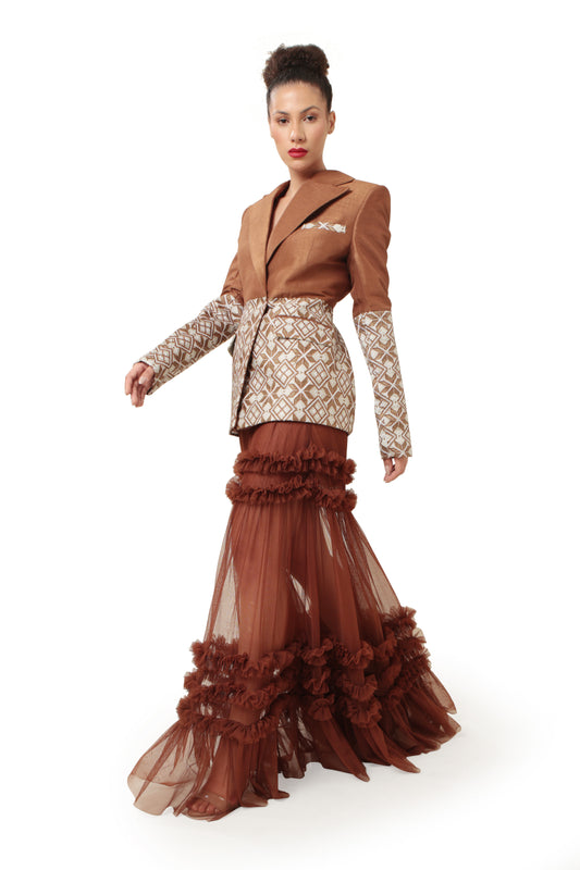 Modo Caldo Sustainable Silk Brown Blazer with long brown tulle skirt