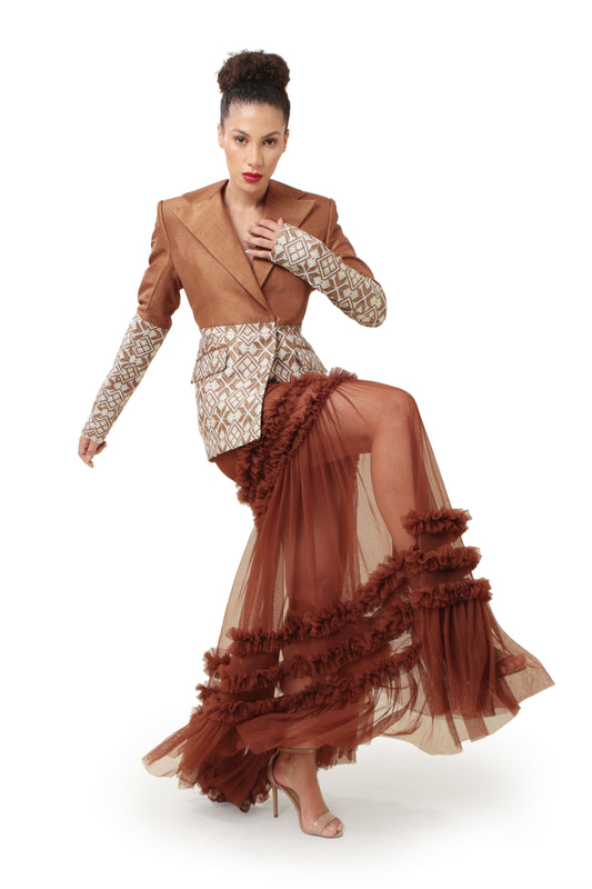 Modo Caldo brown A-line sheer long net skirt with ruffles for festive or evening or occasion wear