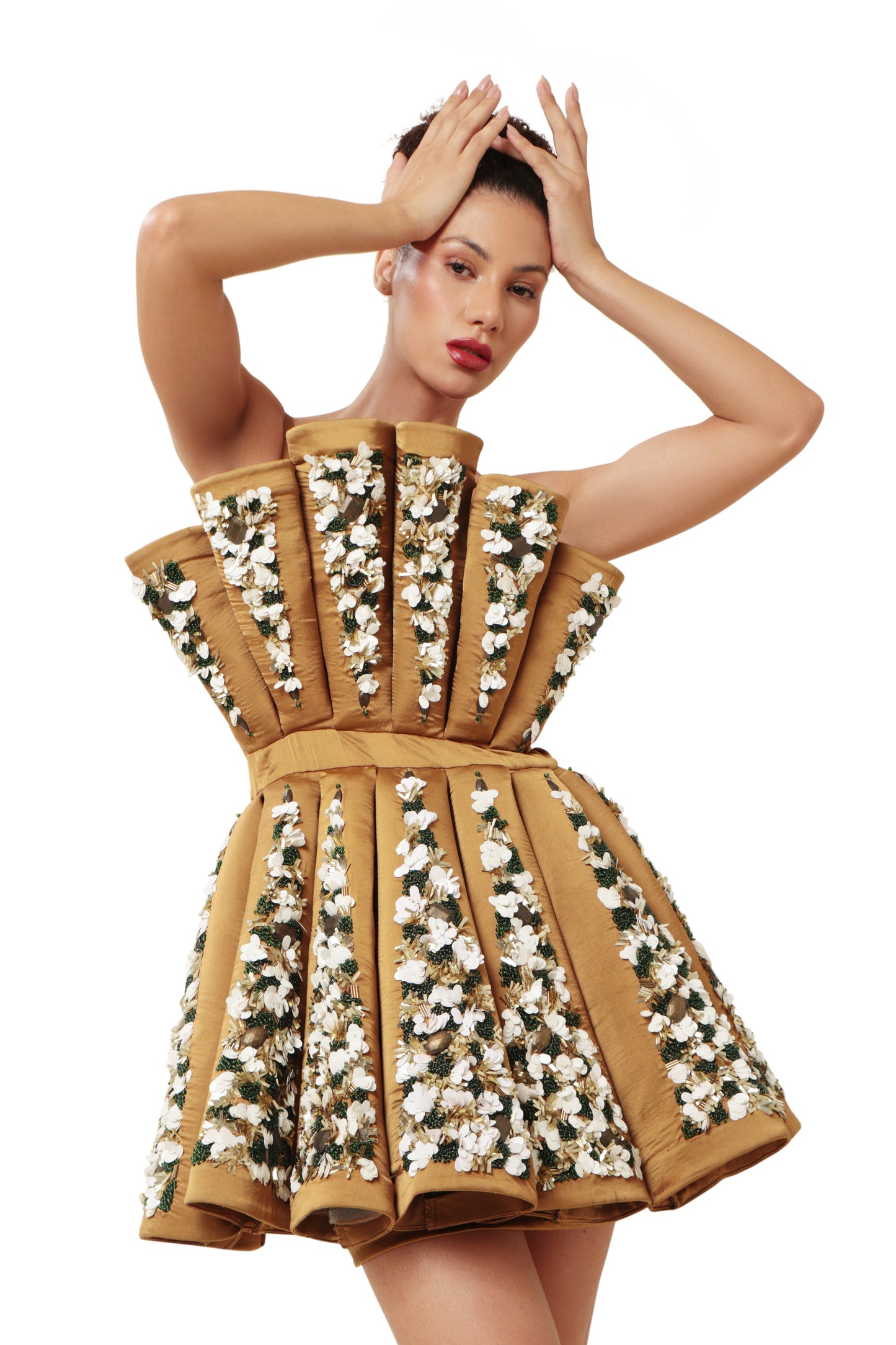 Modo Caldo Brown Gold Embroidered hourglass Satin Dress