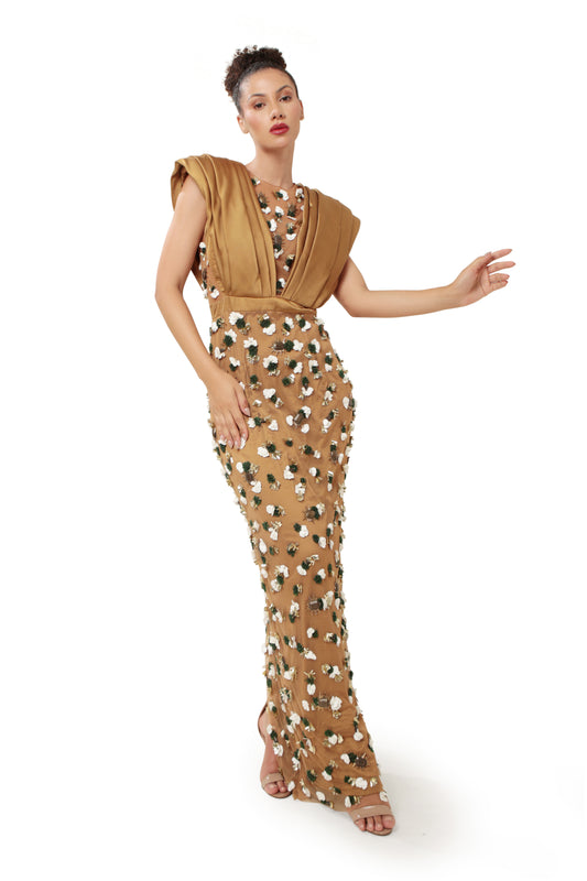 Modo Caldo Brown Gold Embroidered One Off-shoulder Satin Gown