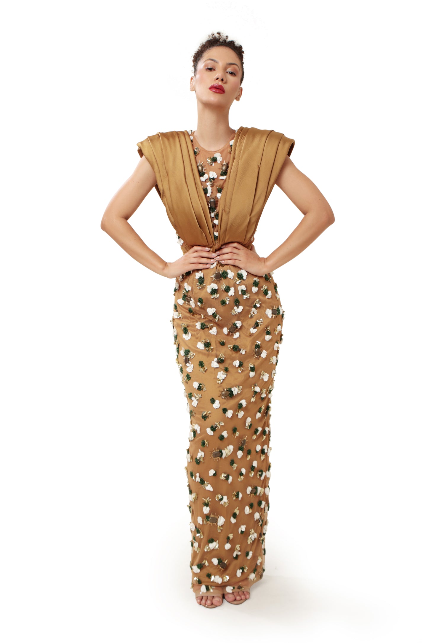 Modo Caldo Brown Gold Embroidered One Off-shoulder Satin Gown