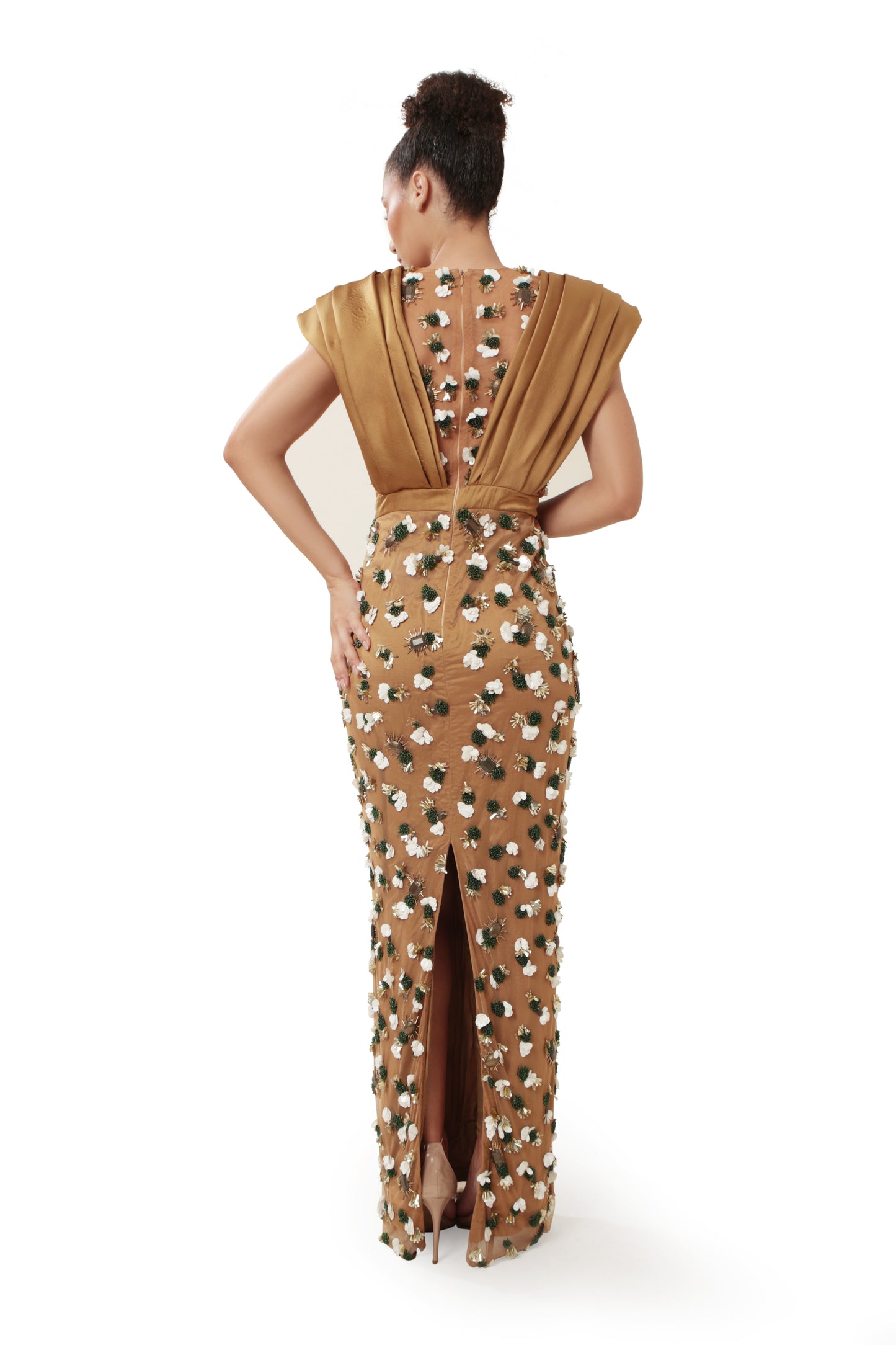 Modo Caldo Brown Gold Embroidered One Off-shoulder Satin Gown