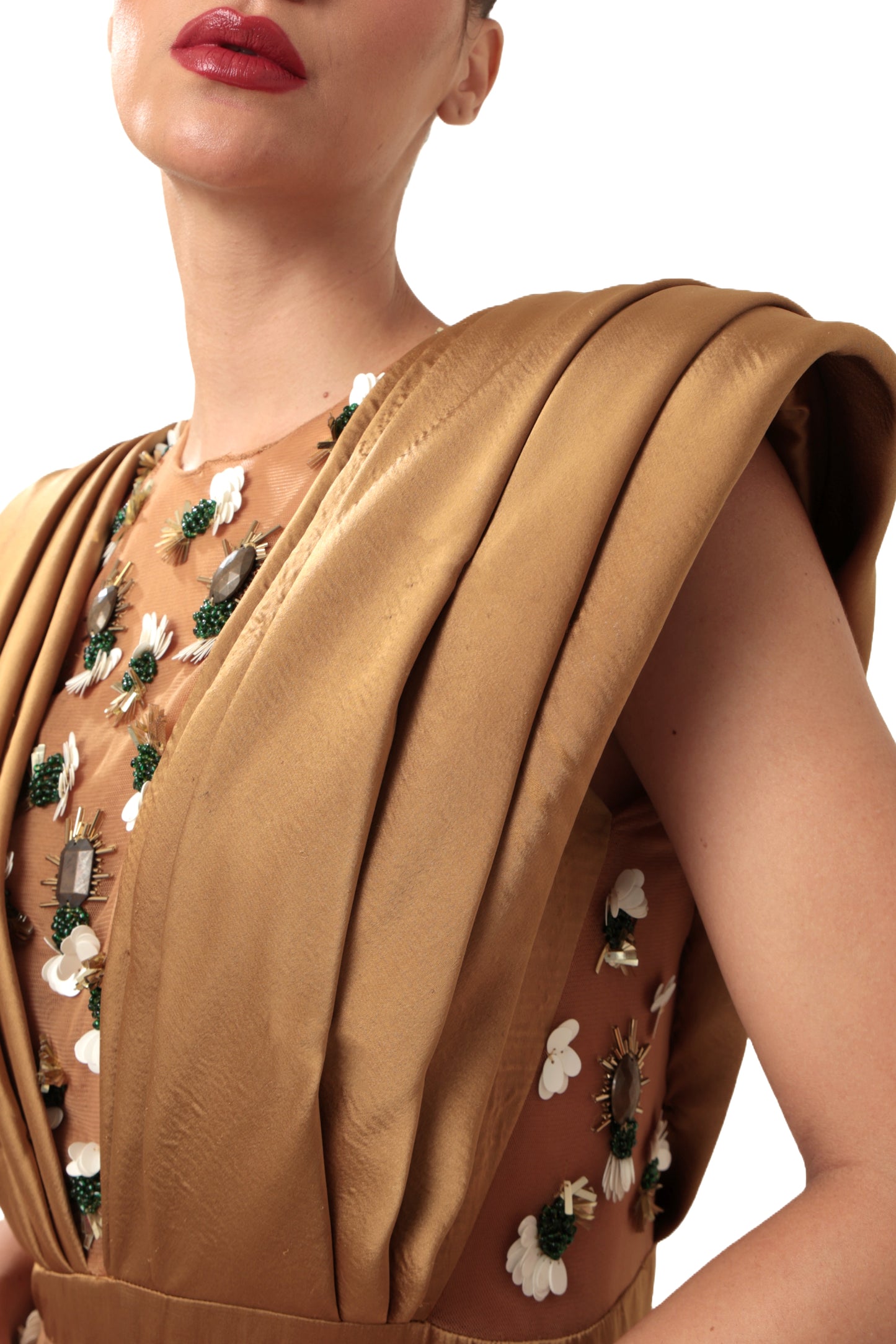 Modo Caldo Brown Gold Embroidered One Off-shoulder Satin Gown