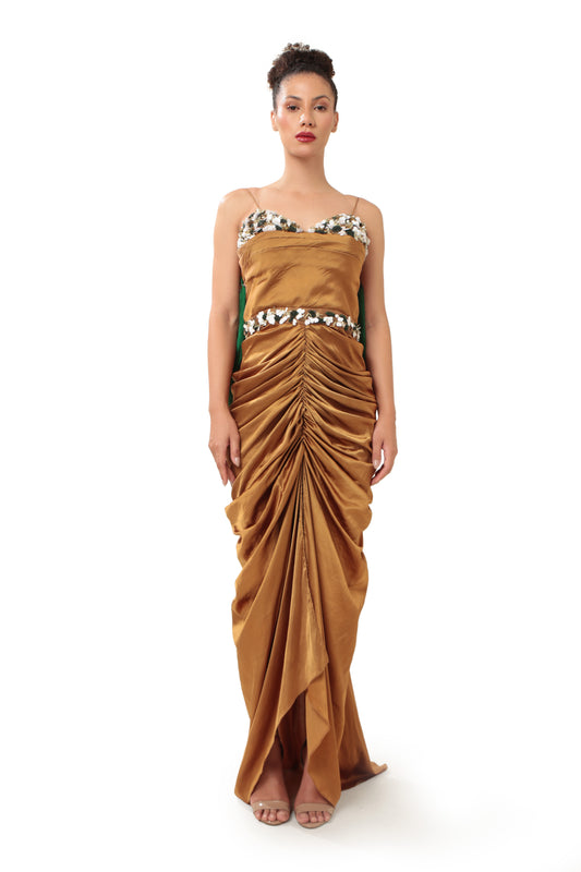 Modo Caldo Brown Gold Embroidered Satin Gown with Bow