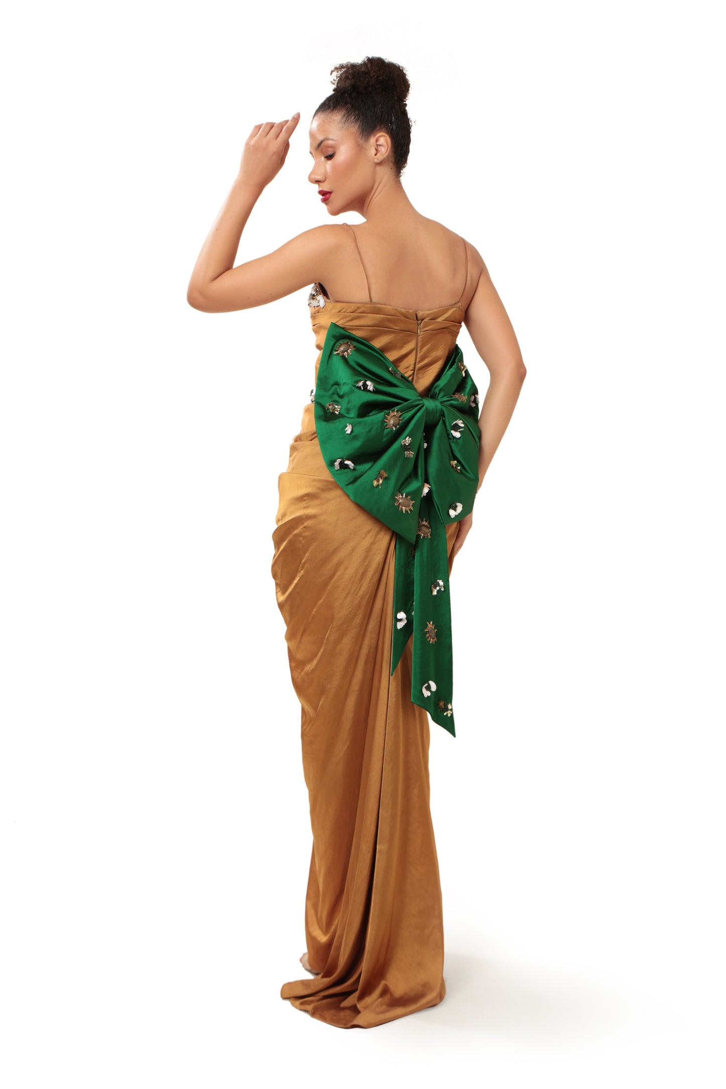 Modo Caldo Brown Gold Embroidered Satin Gown with Bow