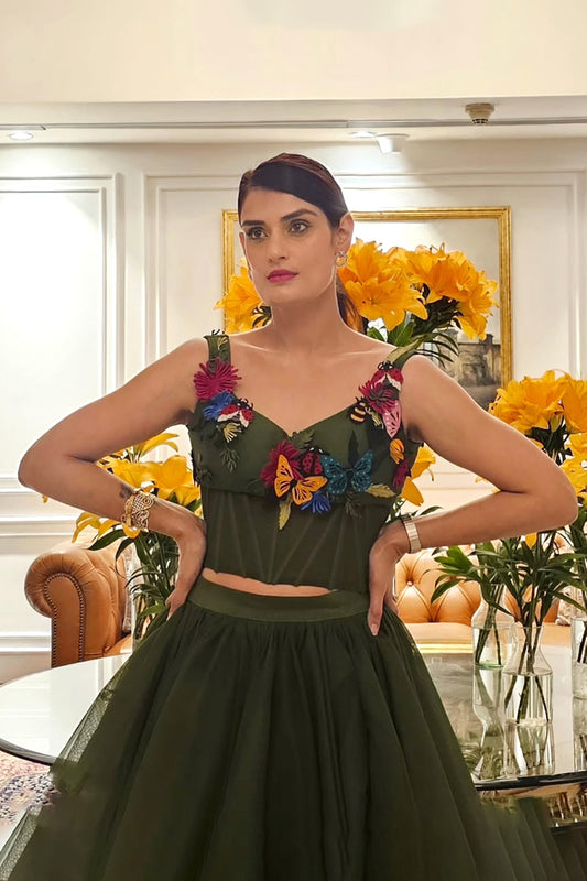 Avantika Tokas Midha in Modo Caldo green corset top with quirky embellishments and two-tiered tulle skirt for festive and casual wear
