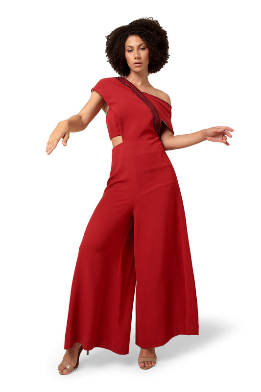 Modo Caldo red one shoulder jumpsuit with hand embroidery cape sleeve for evening and occasion wear