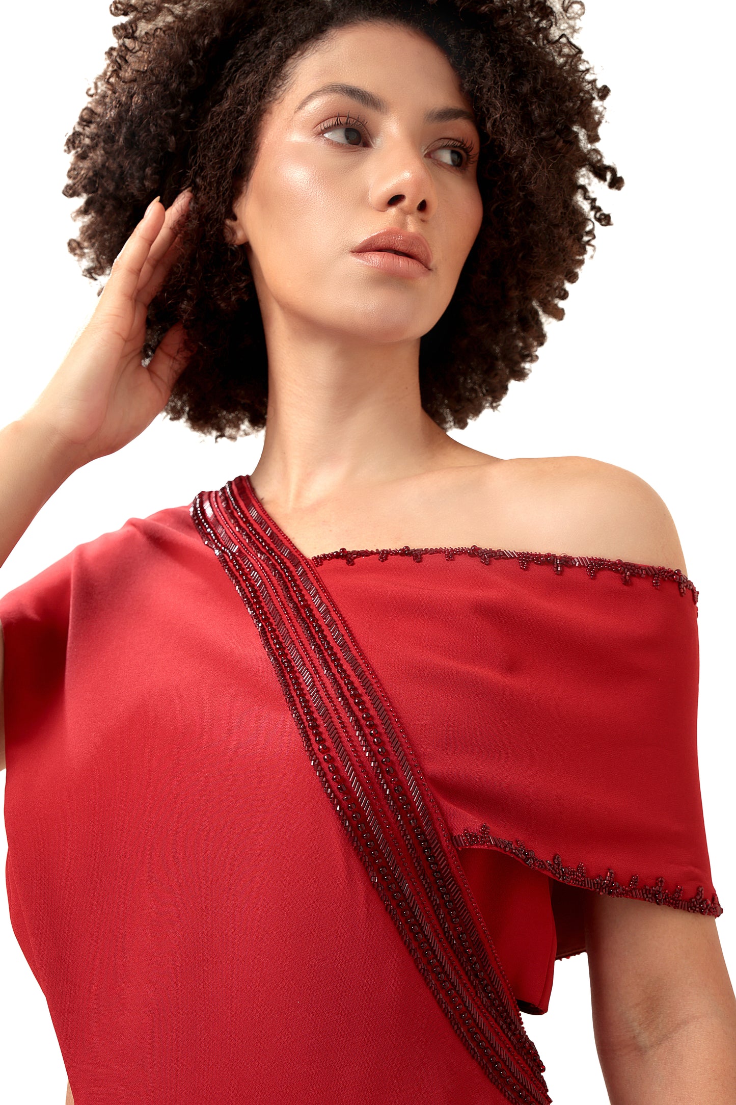 Modo Caldo red one shoulder jumpsuit with hand embroidery cape sleeve for evening and occasion wear