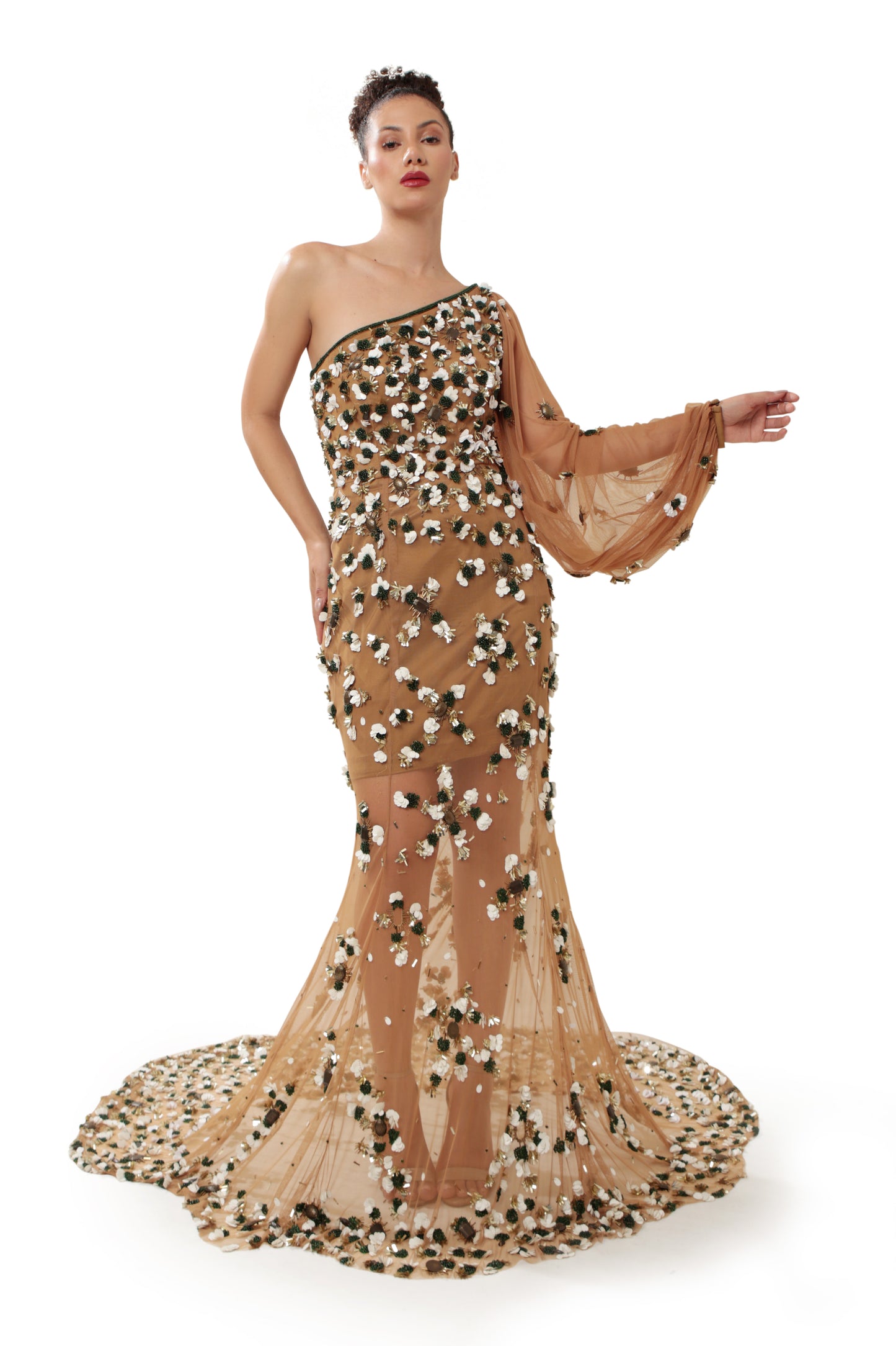 Modo Caldo Brown Gold Embroidered Satin Floor-Length Gown