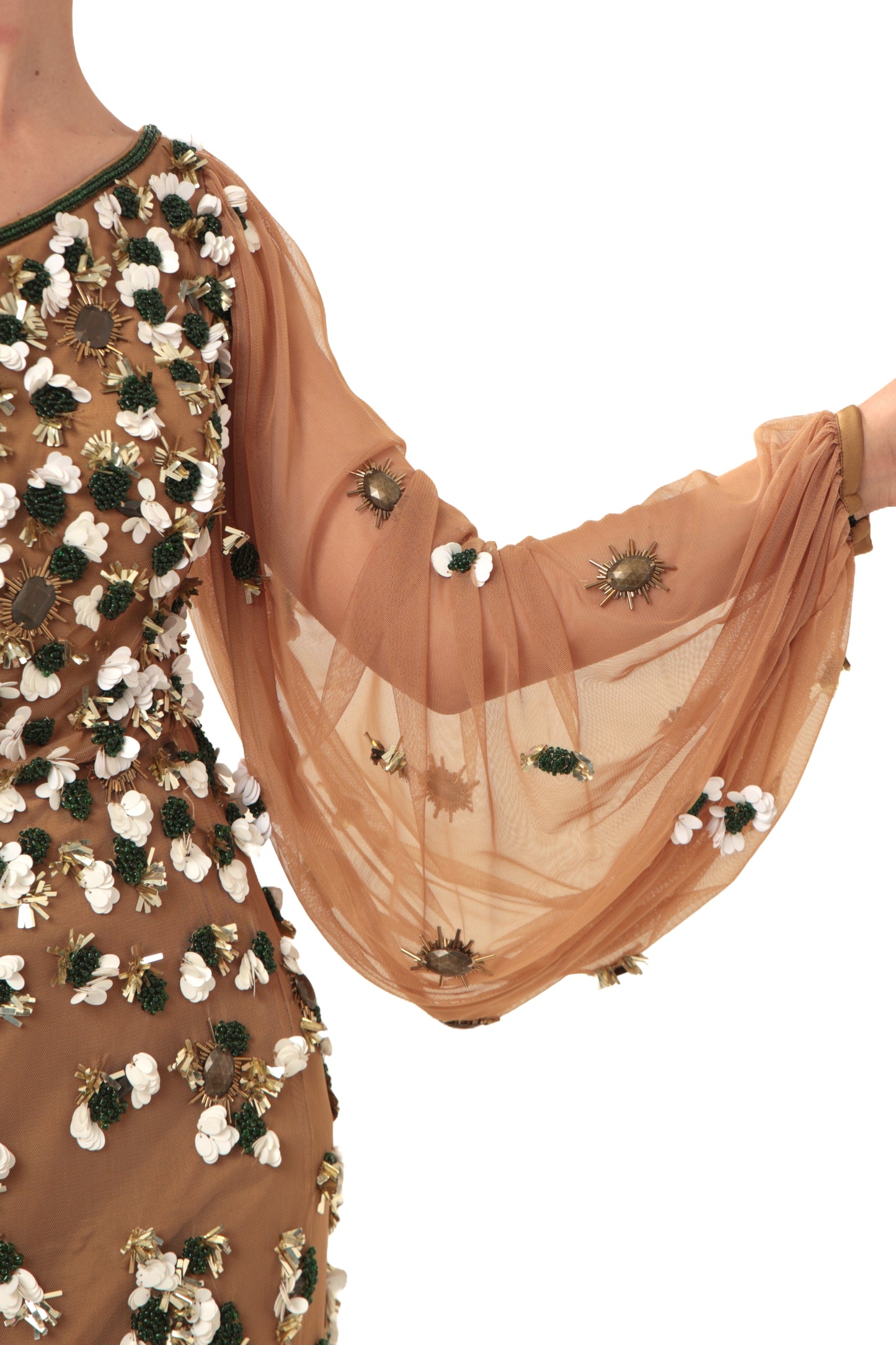 Modo Caldo Brown Gold Embroidered Satin Floor-Length Gown