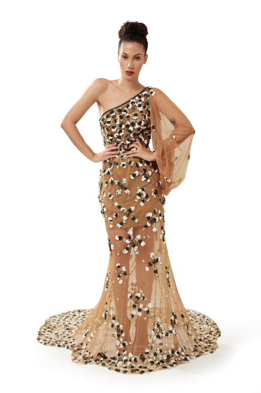 Modo Caldo Brown Gold Embroidered Satin Floor-Length Gown