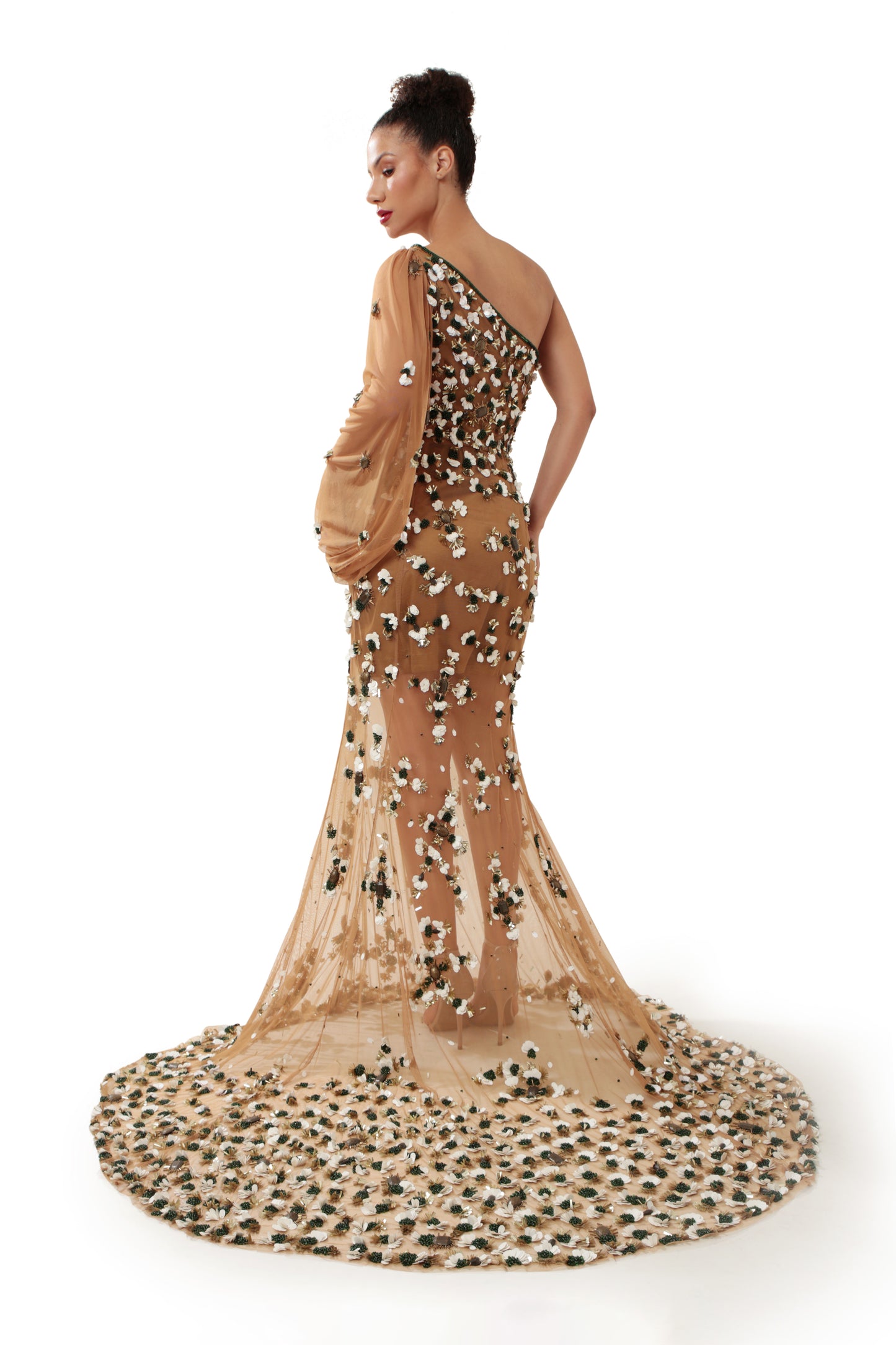 Modo Caldo Brown Gold Embroidered Satin Floor-Length Gown