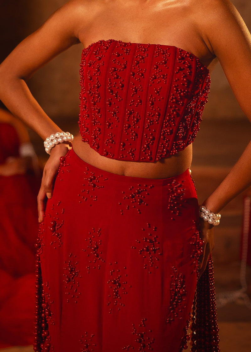 ISHQe campaign: red hand beaded corset top and matching embroidered skirt, close view