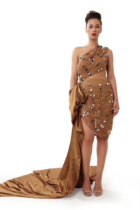 Modo Caldo Brown Gold Embroidered Satin Dress
