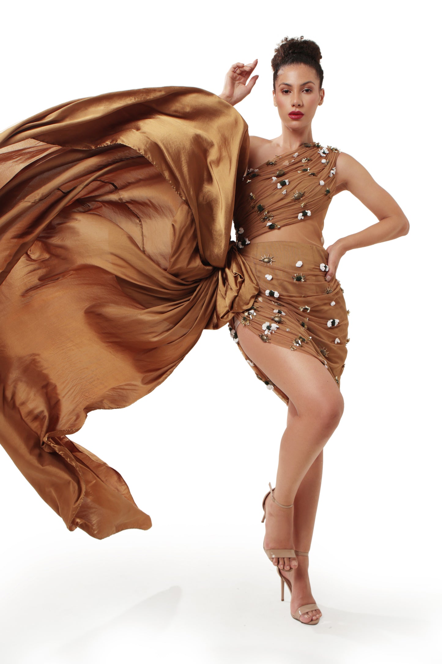 Modo Caldo Brown Gold Embroidered Satin Dress